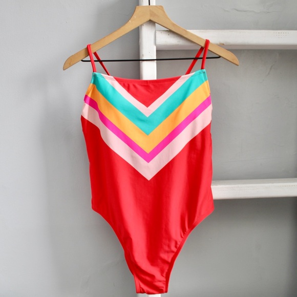 Xhilaration Other - Xhilaration Square Neck Rainbow Red Colorful One Piece Swimsuit Size XL